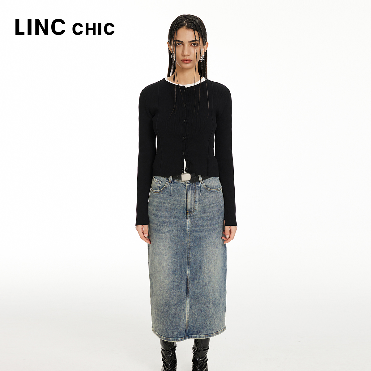 LINCCHIC金羽杰开衩牛仔裙中腰水洗复古牛仔半身裙女S242DK299Y