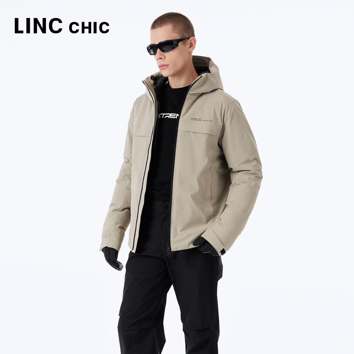 LINCCHIC金羽杰2023冬新款羽绒服男短款连帽三防冲锋衣N23801111