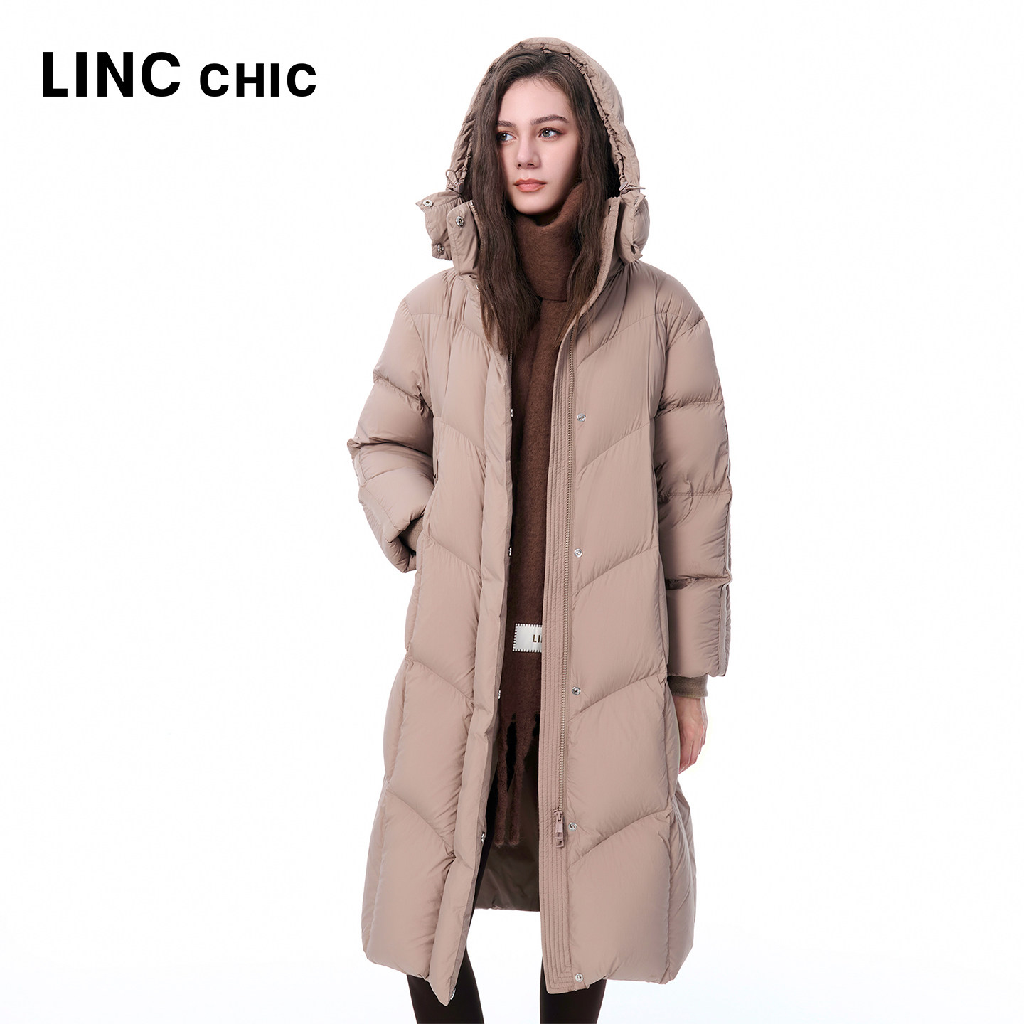 LINC金羽杰羽绒服女款轻量云朵感泡芙连帽加厚长款羽绒服女8230Y