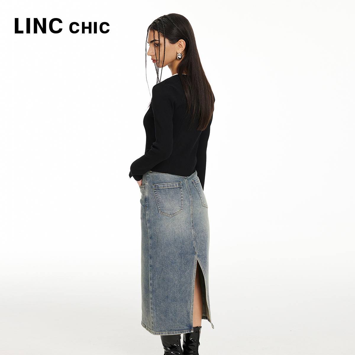 LINCCHIC金羽杰开衩牛仔裙中腰水洗复古牛仔半身裙女S242DK299Y