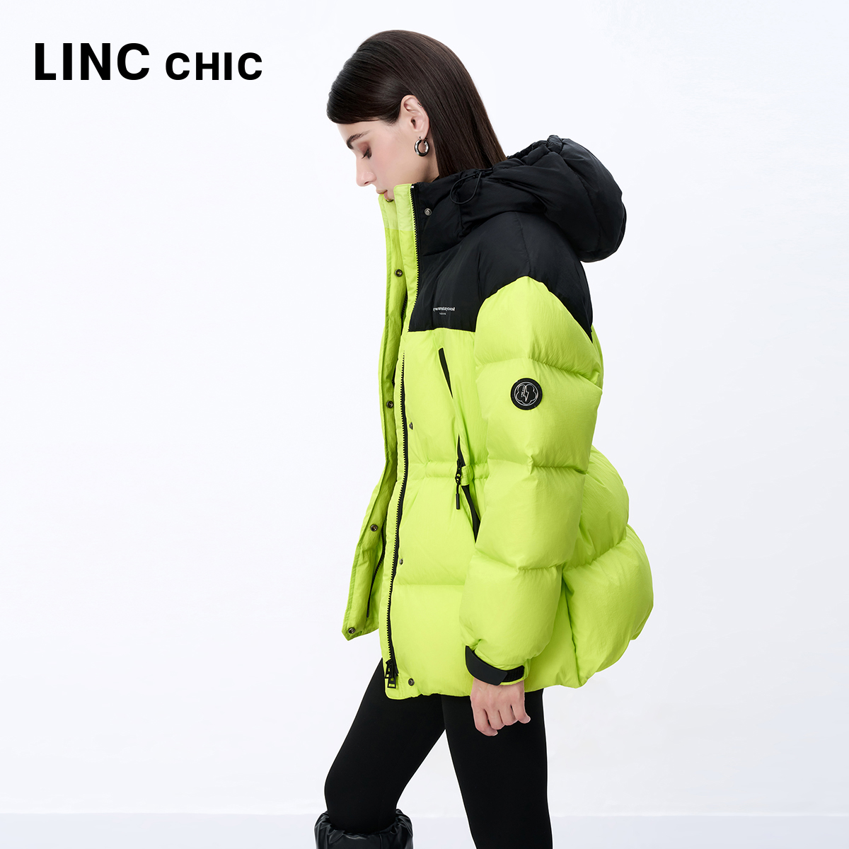 【明星同款】LINC金羽杰2024年冬季新品连帽中长款加厚羽绒服女