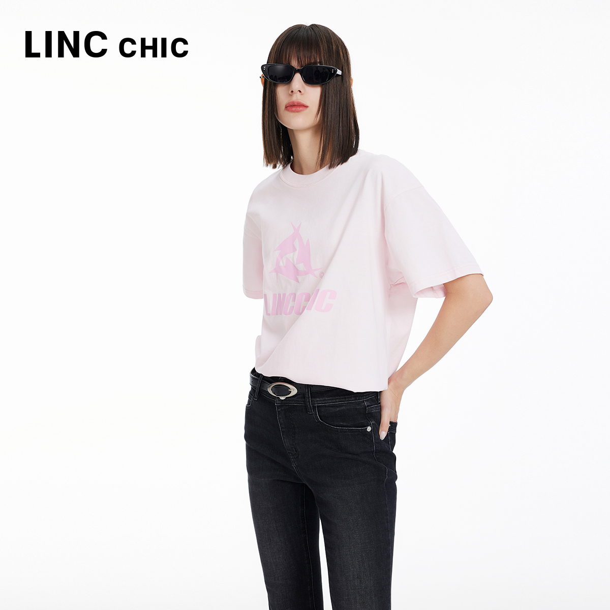 LINCCHIC金羽杰2024年春季新品圆领廓形印花大T恤女S241TS034Y - 图0