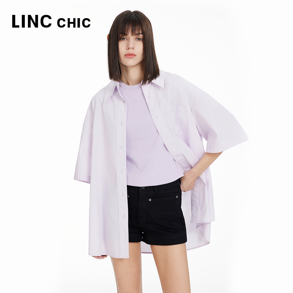 LINCCHIC金羽杰2024夏季新品宽松落肩造型感衬衫女S242SH189Y-图2