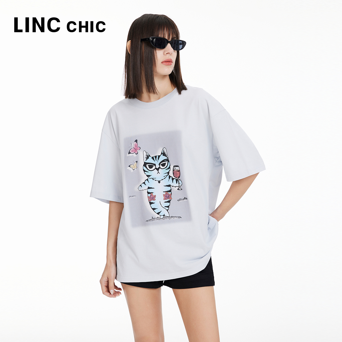 LINCCHIC金羽杰2024年夏季新品圆领廓形印花大T恤女S242TS258Y-图0