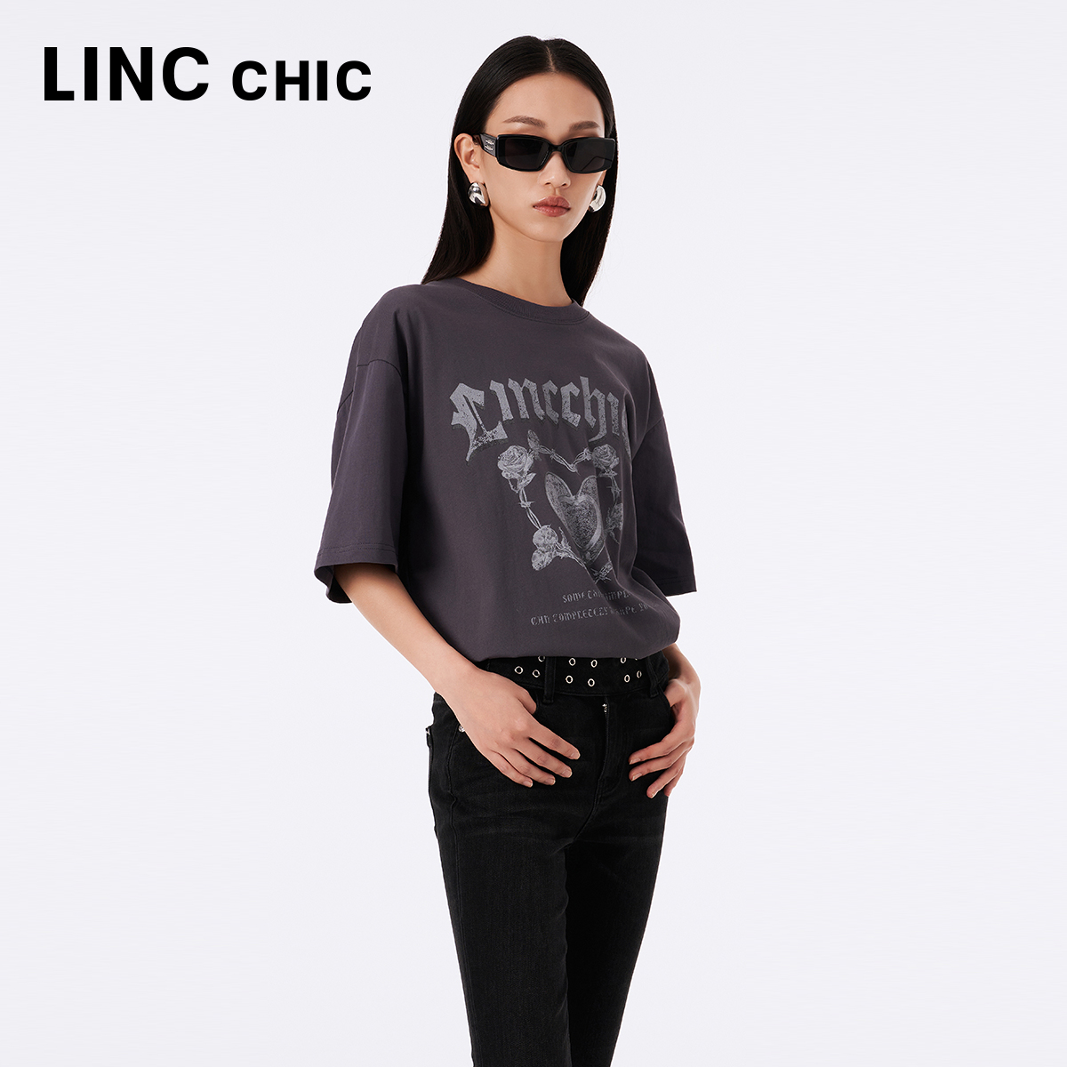 LINCCHIC金羽杰短袖T恤女廓形感圆领白色印花短袖女T恤S233TS437Y