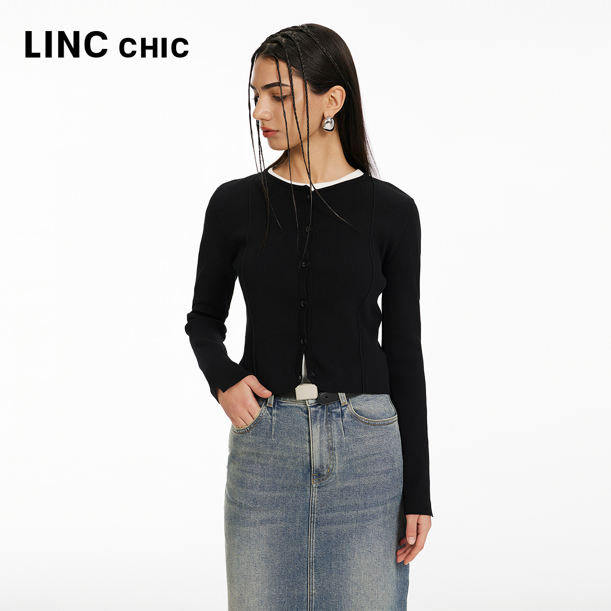 LINCCHIC金羽杰开衩牛仔裙中腰水洗复古牛仔半身裙女S242DK299Y
