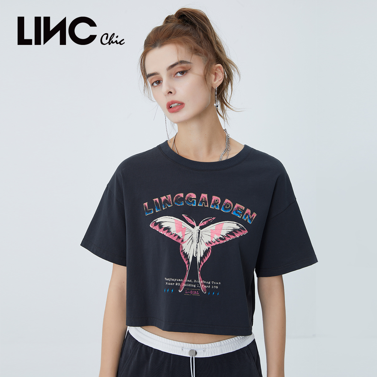 【甜酷小T合集】LINC金羽杰春夏复古印花短袖T恤女S232FK247Y
