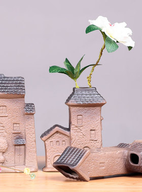 禅意中式风水培花瓶房子小摆件