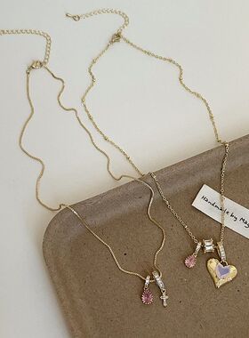 粉色锆石爱心流苏项链女小众轻奢复古优雅气质时尚百搭颈链锁骨链