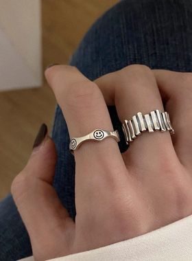 s925纯银泰银复古笑脸戒指女波浪栅栏指环食指戒小众设计简约时尚