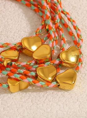 跨境爆款桃心吊坠彩色编织棉绳情侣手链 民族度假风钛钢饰品