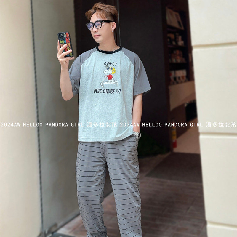 潘多拉情侣睡衣套装女可爱卡通史努比宽松休闲条纹家居服男款6603,淘宝优惠券,粉丝福利购,淘宝优惠卷