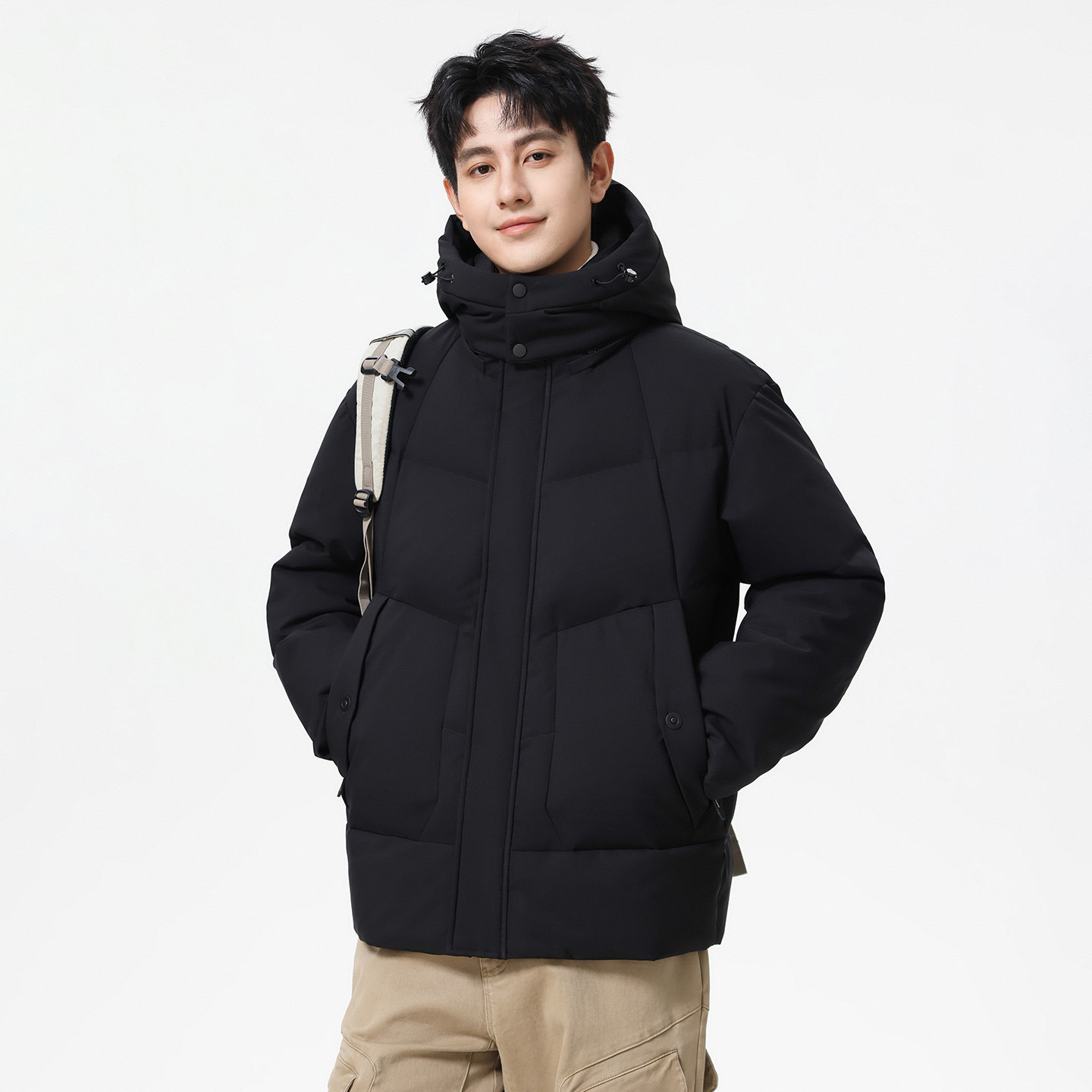 hansca石墨烯发热保暖连帽羽绒服男2025冬季新款90白鸭绒黑色外套,淘宝优惠券,粉丝福利购,淘宝优惠卷