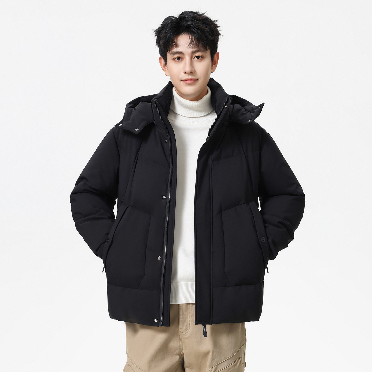 hansca石墨烯发热保暖连帽羽绒服男2025冬季新款90白鸭绒黑色外套,淘宝优惠券,粉丝福利购,淘宝优惠卷