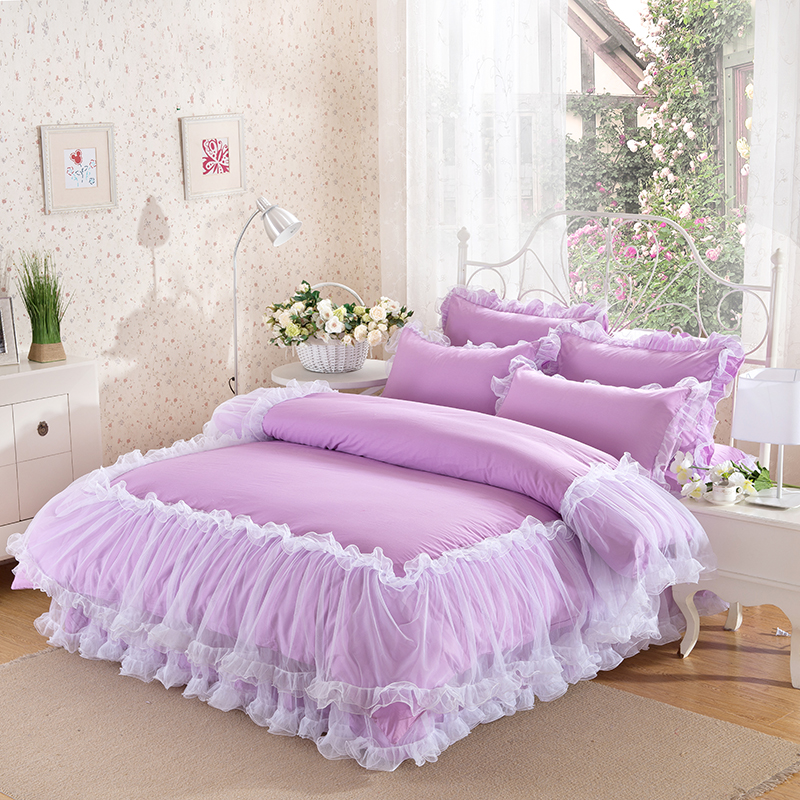 韩式蕾丝公主床裙式四件套1.8米床防滑床罩花边超柔被套4件套纯色