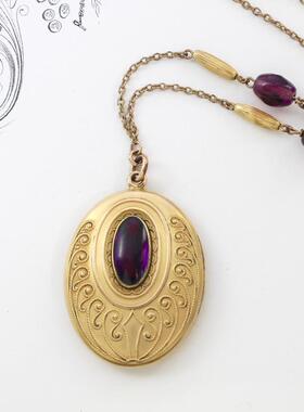 Vintage古董 1910年爱德华七世时代复古包金花丝紫水晶照片盒项链