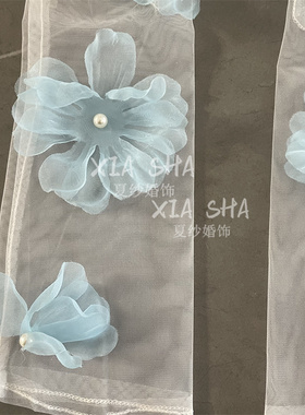 原创婚纱礼服手套 新娘结婚配饰 网纱蓝色花瓣旅拍摄影样片道具