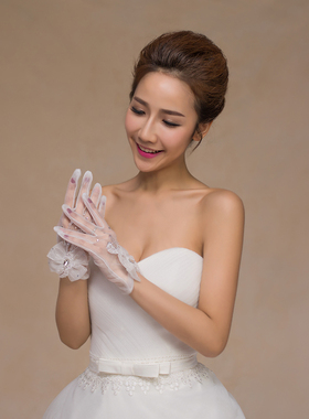 新款白色结婚婚纱蕾丝新娘手套