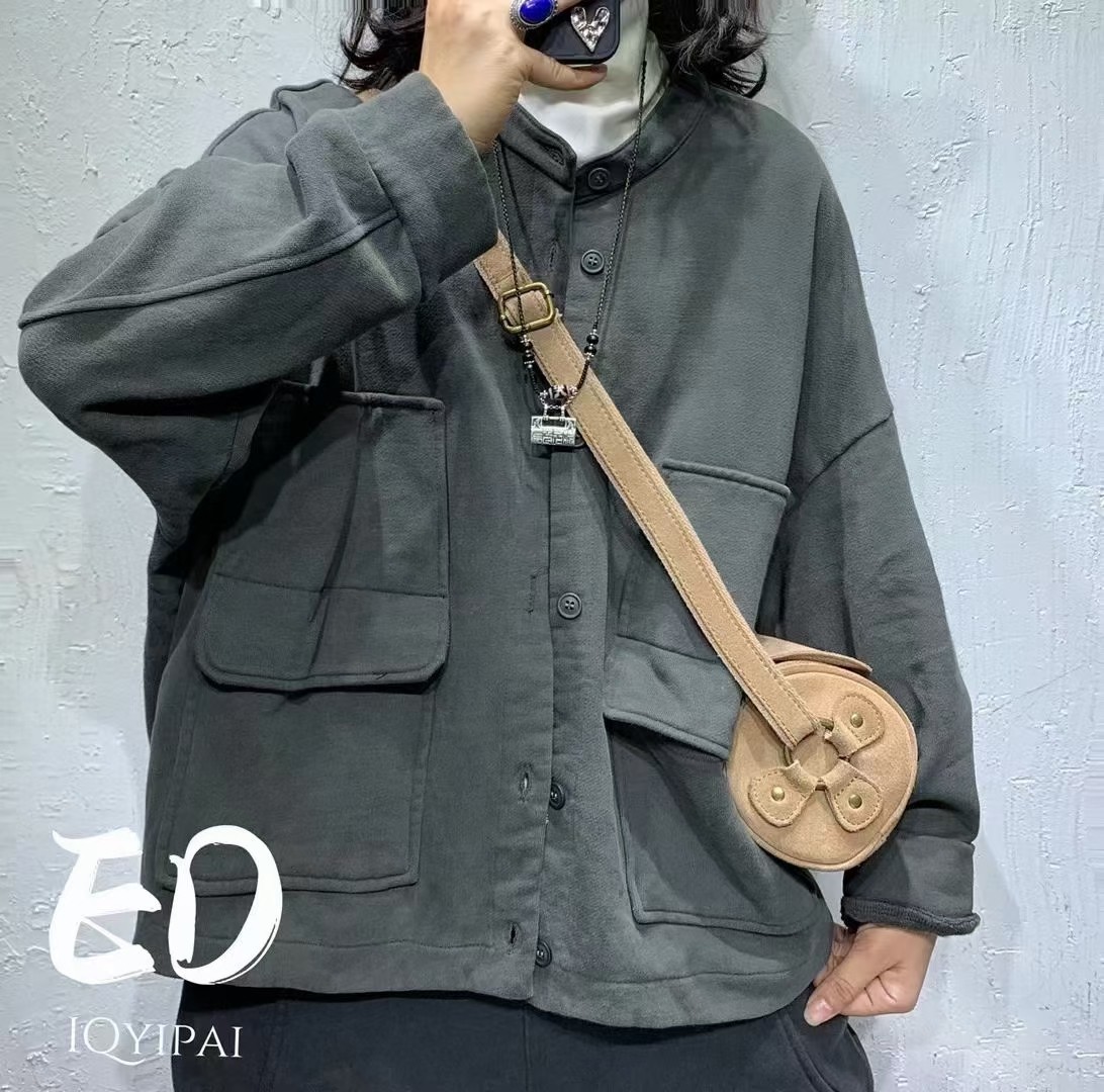 7173#秋冬宽松百搭纯色加厚加绒卫衣外套复古休闲圆领外搭外套 - 图1