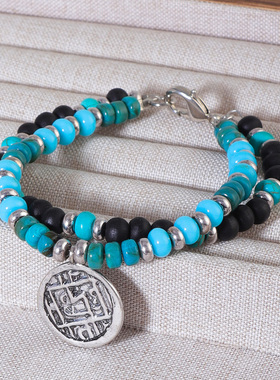 原创设计 波西米亚风饰品 串珠木头银色圆盘时尚个性双层手链女