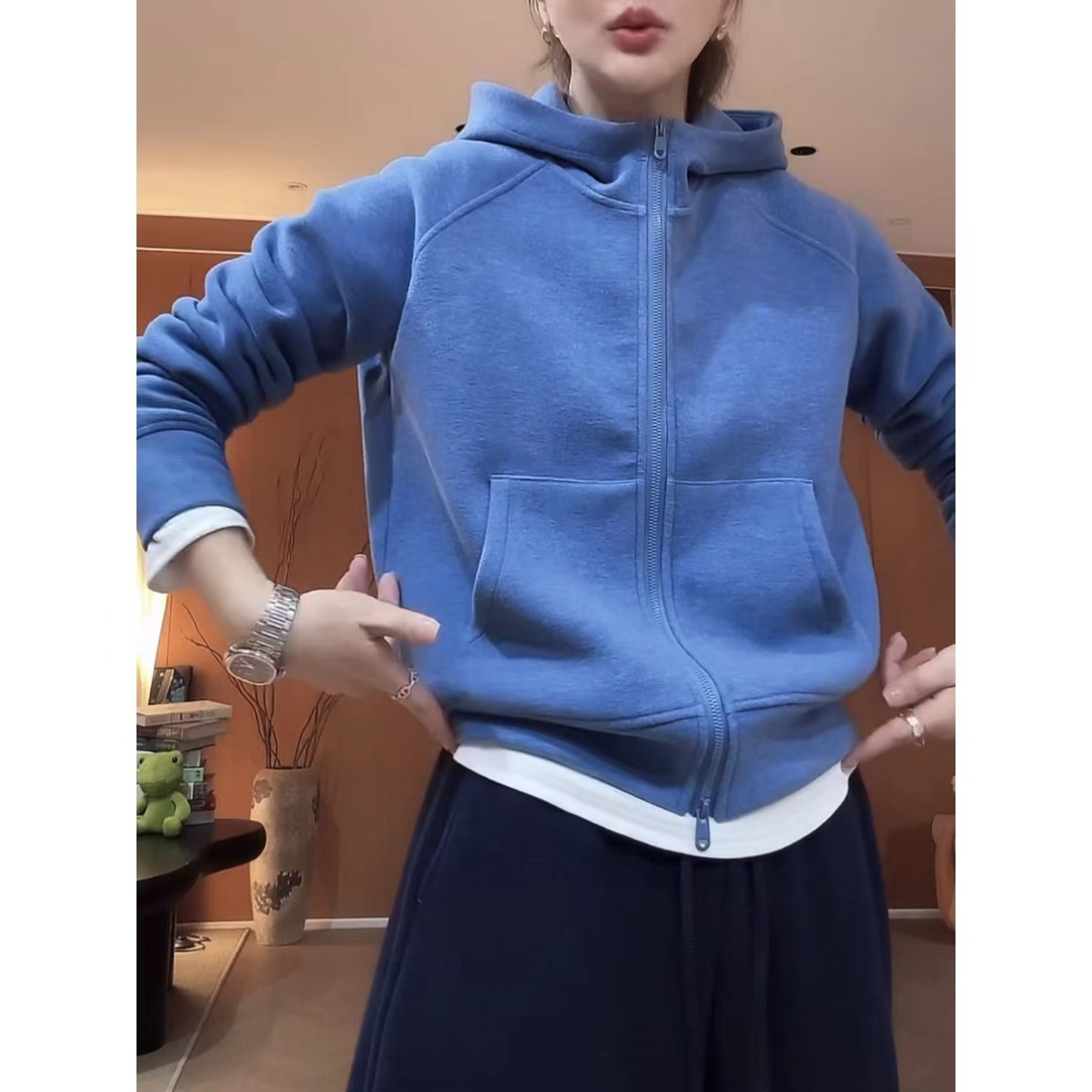 蓝色连帽卫衣女双拉链开衫外套2025秋冬新款休闲宽松百搭长袖上衣,淘宝优惠券,粉丝福利购,淘宝优惠卷