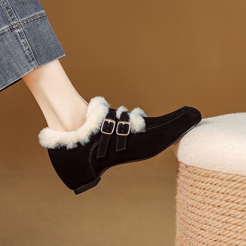 5cm真皮复古圆头加绒保暖毛毛鞋女2025冬季新款厚底内增高勃肯鞋 - 图0