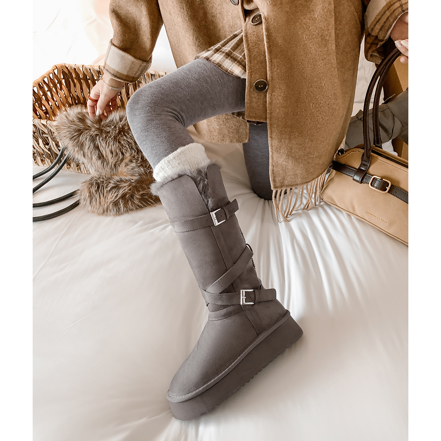 4.5cm圆头保暖厚底东北棉鞋女冬季两穿加绒加厚毛毛长筒靴雪地靴 - 图2