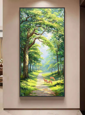 森林风景大树简约玄关画发财树挂画美式竖款墙壁画装饰画客厅过道