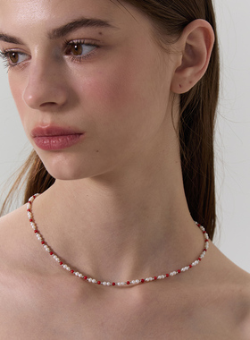 极光以南红色珍珠项链中式锁骨链