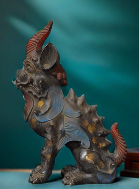 古玩收藏旧藏乡下收纯铜彩绘瑞兽独角兽家居办公室吧台桌面摆件