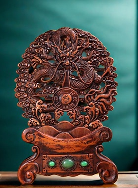 古玩收藏旧藏黄杨木龙戏珠屏风家居办公室桌面玄关摆件