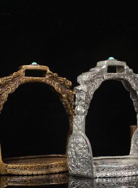 纯铜白铜蒙古马镫一对龙头马蹬马匹装备马具马术用品影视道具