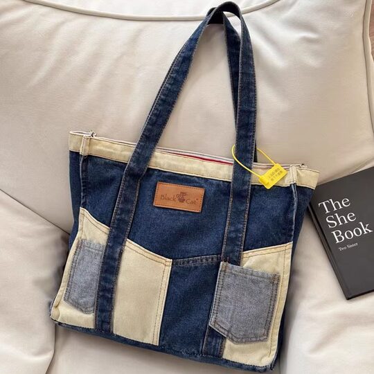 Xifanni retro stitching contrasting color denim canvas bag