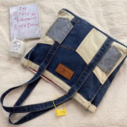 Xifanni retro stitching contrasting color denim canvas bag