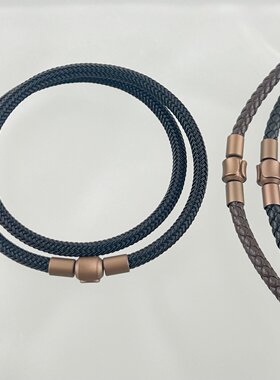 5MM粗款XL棕色哑光钢扣串珠颈绳项链绳编织皮绳钢丝双圈手绳挂绳
