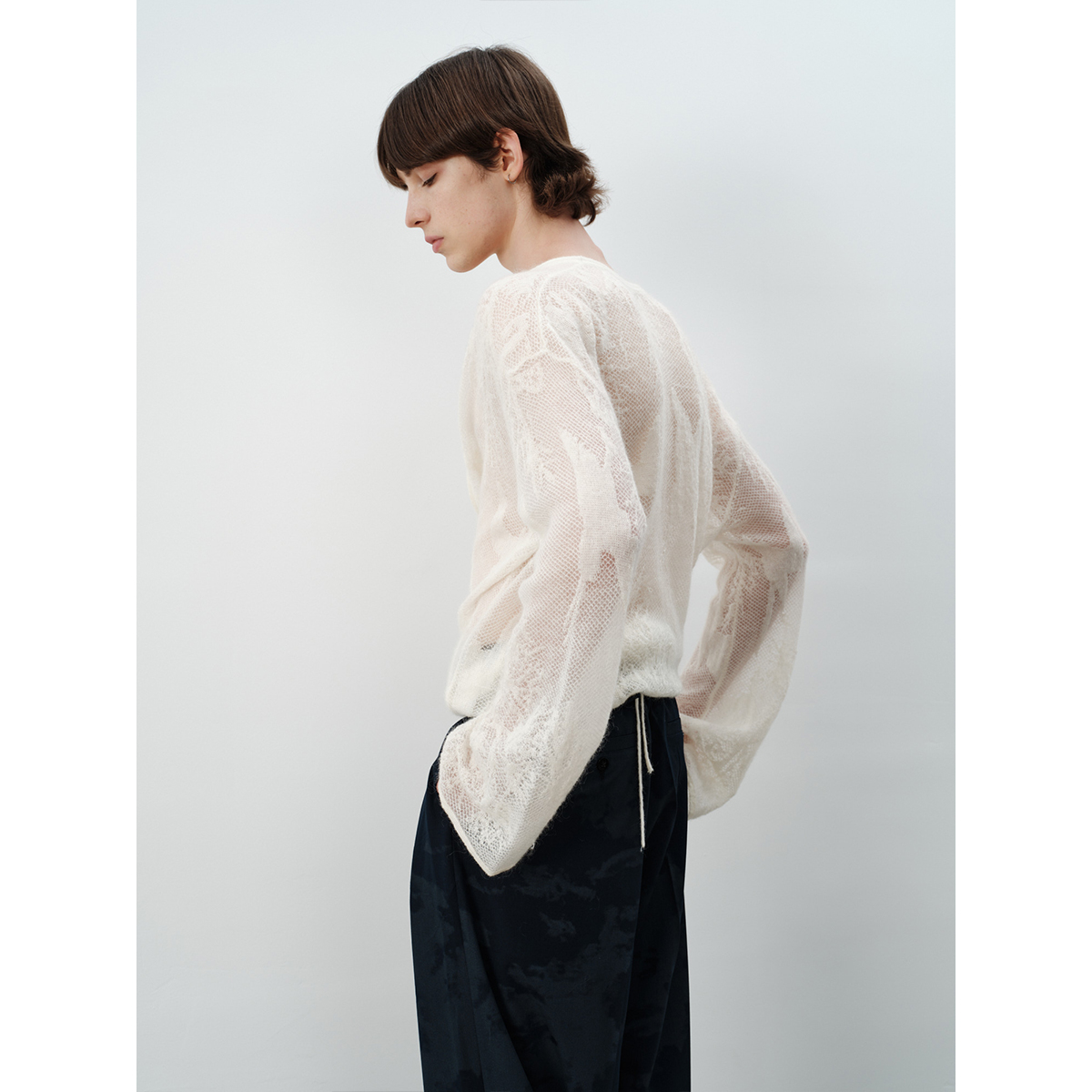 GRAINMUSTARD 婴儿羊驼镂空提花针织开衫复古绑带网纱裹袍外套 - 图2