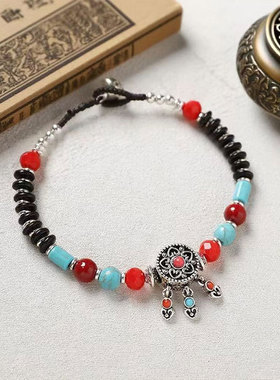 民族风手链女复古尼泊尔手工编织手绳藏式古法创意绿松石宝石手串