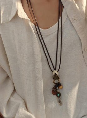 禅意民族风长款羽毛项链复古波西米亚木质海星吊坠毛衣链女多元素