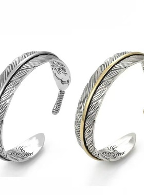 唐纹羽毛雕刻手镯开口男潮流个性百搭复古手环跨境超酷朋克手饰品