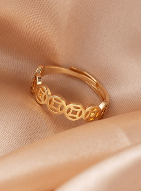 2026新款过年轻奢金色高档开口戒指女招财铜钱转运指环高保色尾戒