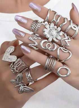 跨境外贸冷淡风不锈钢爱心太阳花开口戒指欧美ins风个性海星指环