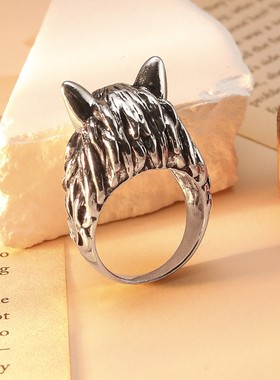 跨境爆款复古森林狼头戒指高级感男士欧美风个性动物指环嘻哈潮酷