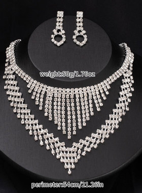 欧美奢华气质高档项链耳环套装宴会礼服满钻流苏配饰品新娘锁骨链