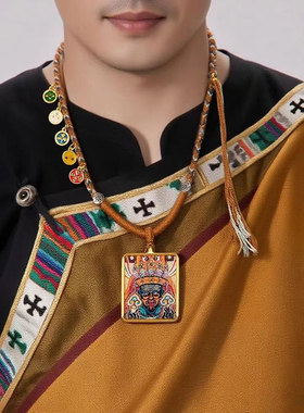 可调节藏式唐卡佛牌吊坠棉绳文创长款项链八大守护神挂饰毛衣链女