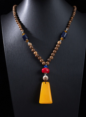 民族风复古长款木质串珠设计感独特毛衣链藏式挂件佛珠吊坠项链女