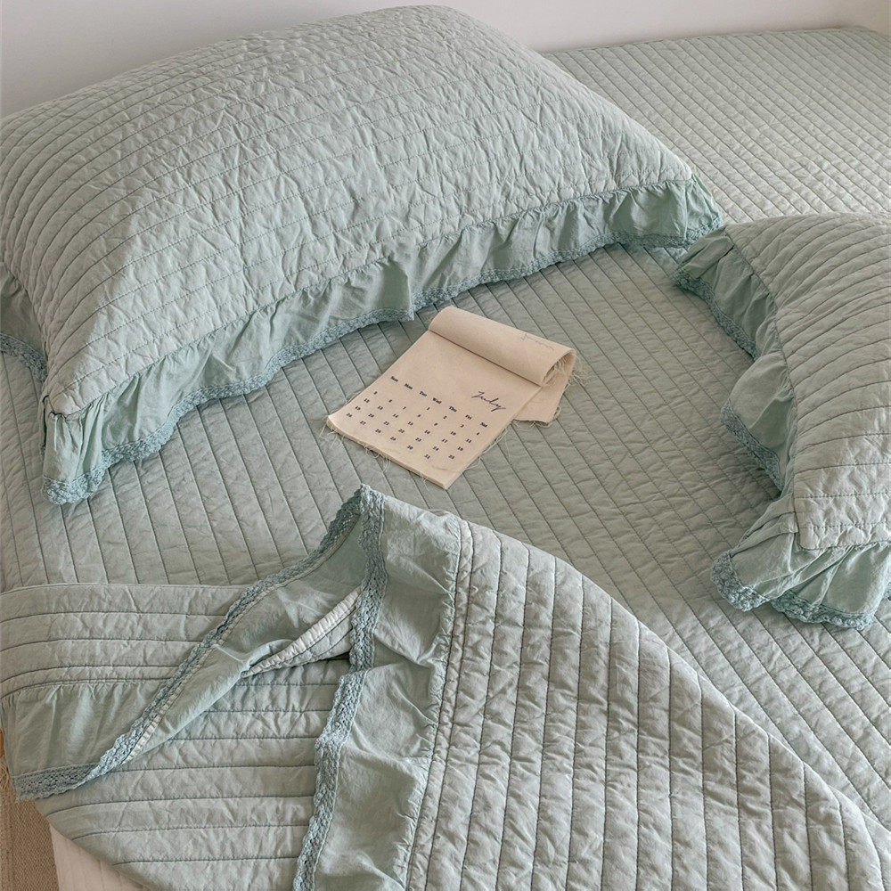 植物酵素砂洗纯色全棉绗缝床盖三件套纯棉荷叶边花边绗缝夹棉床单