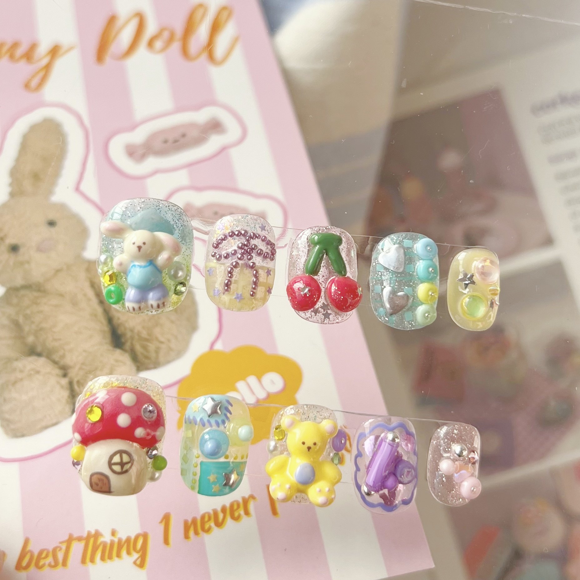 新款纯手工粉色蘑菇小兔子樱桃小熊爱心ins风可爱立体穿戴甲,淘宝优惠券,粉丝福利购,淘宝优惠卷