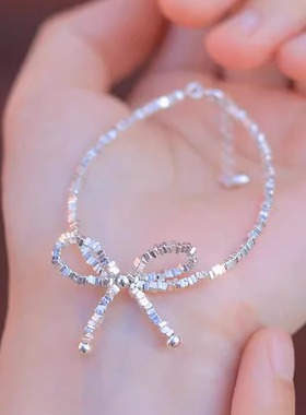 超闪！蝴蝶结元素正品S925极细碎银子手链纯手工自制立体爱心尾链