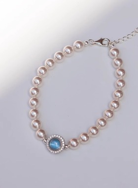 鲛人泪天然海蓝宝石纯银珍珠手链