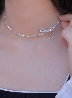 闪亮亮！S925极细碎银子项链蝴蝶结手工自制锁骨链少女正品气质